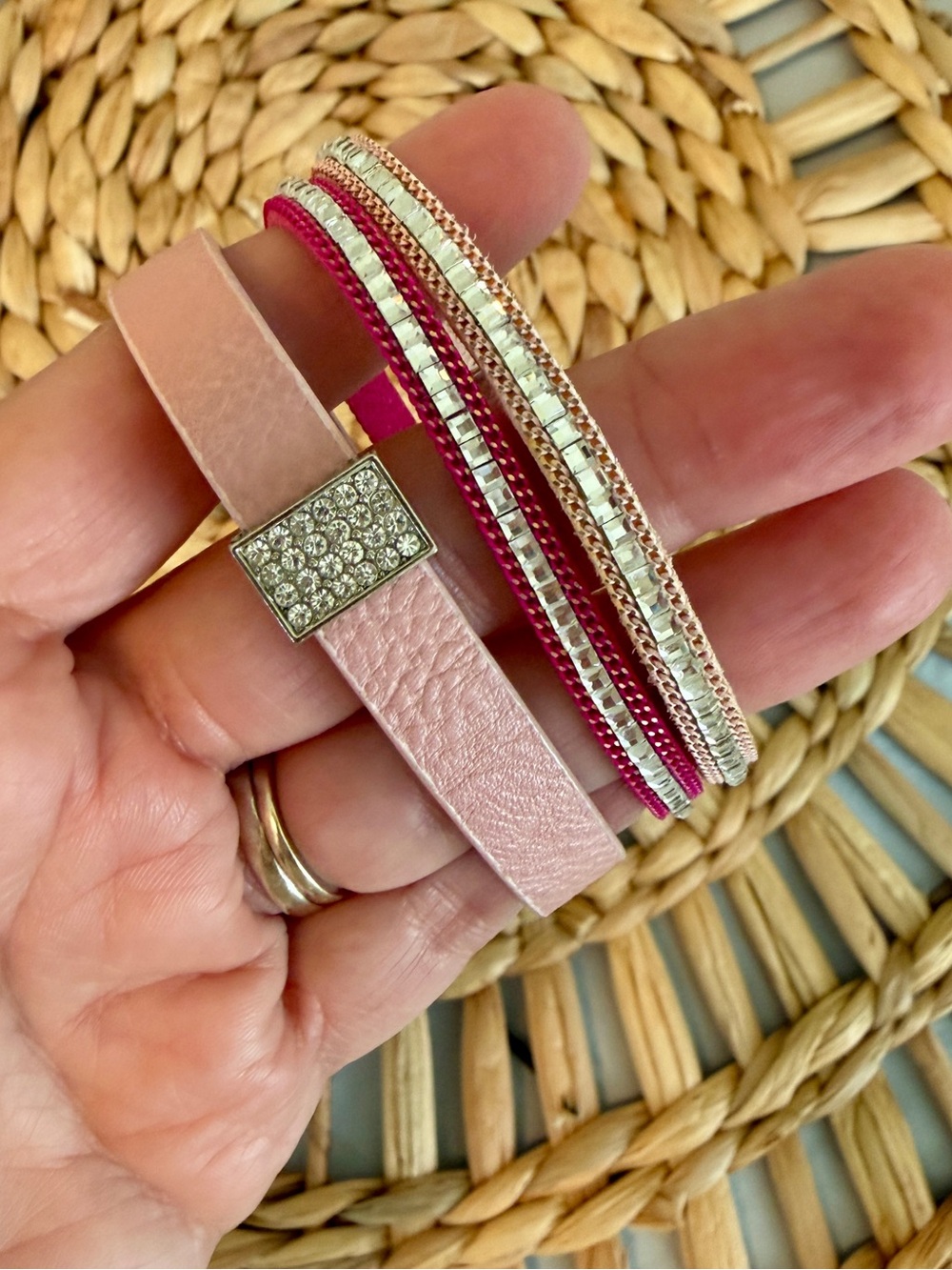 Set of 3 Pink Bracelets with Rhinestone Accents